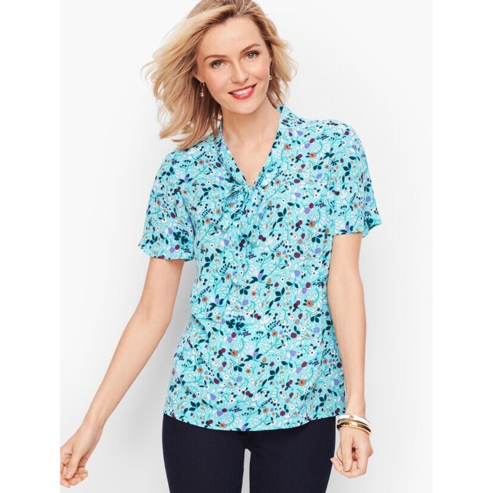 Talbots Petite Blue Floral Tie Neck Short Sleeve Blouse Top Large NWT